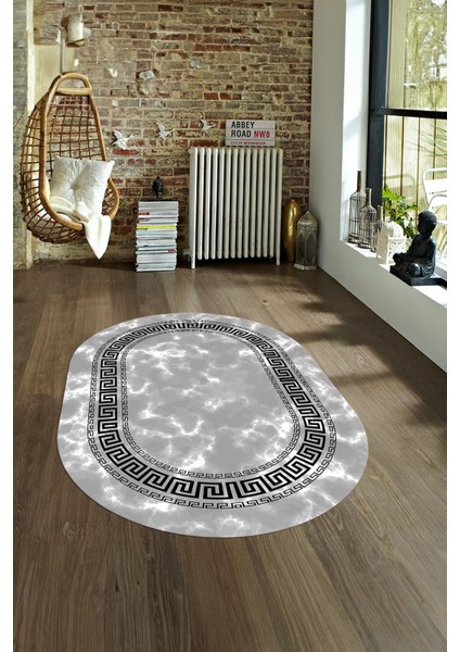 Dijital Baskılı Kaymaz Taban Yıkanabilir Mermer Oval Yolluk Salon Halısı, N-O-Mermer-14-Gri,