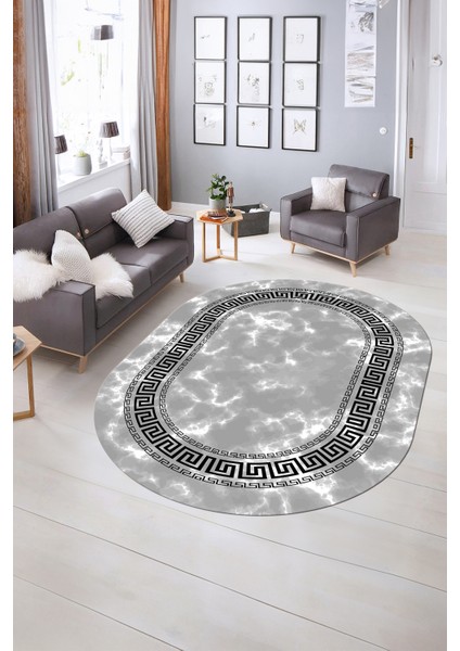 Dijital Baskılı Kaymaz Taban Yıkanabilir Mermer Oval Yolluk Salon Halısı, N-O-Mermer-14-Gri, fiyatları