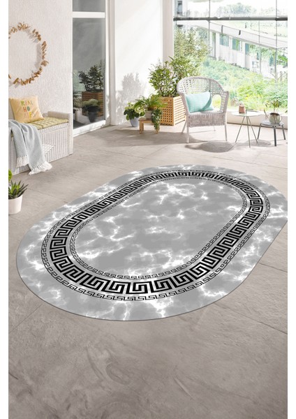 Dijital Baskılı Kaymaz Taban Yıkanabilir Mermer Oval Yolluk Salon Halısı, N-O-Mermer-14-Gri, modelleri
