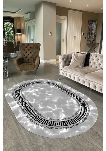 Dijital Baskılı Kaymaz Taban Yıkanabilir Mermer Oval Yolluk Salon Halısı, N-O-Mermer-14-Gri, fırsatları