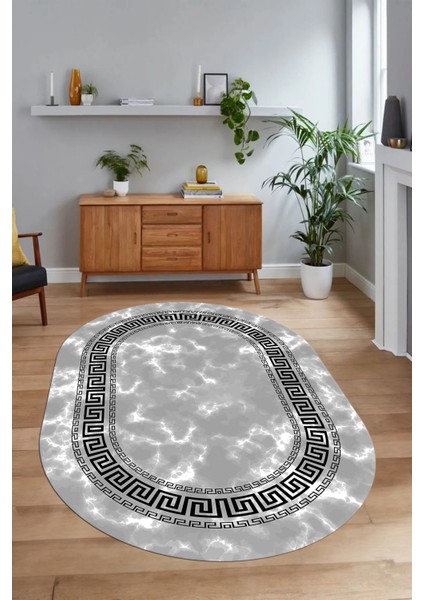 Dijital Baskılı Kaymaz Taban Yıkanabilir Mermer Oval Yolluk Salon Halısı, N-O-Mermer-14-Gri, indirimleri