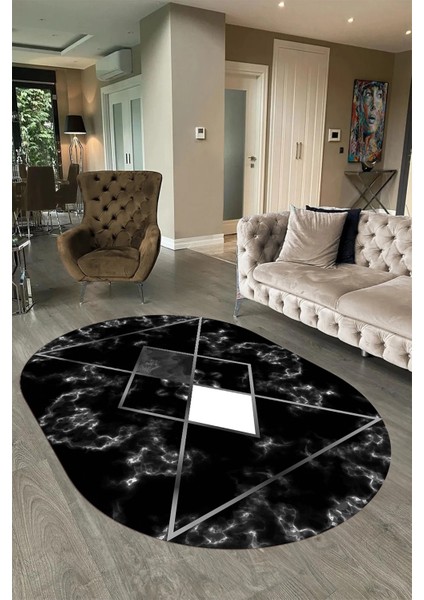 Dijital Baskılı Kaymaz Taban Yıkanabilir Mermer Oval Yolluk Salon Halısı, N-O-Mermer-20-Siyah, fırsatları