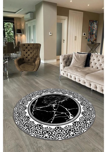Dijital Baskılı Kaymaz Yıkanabilir Mermer Yuvarlak Mutfak Salon Halısı, N-Y-Mermer-10-Siyah,