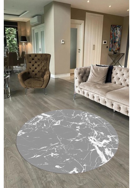 Dijital Baskılı Kaymaz Yıkanabilir Mermer Yuvarlak Mutfak Salon Halısı, N-Y-Mermer-27-Gri,