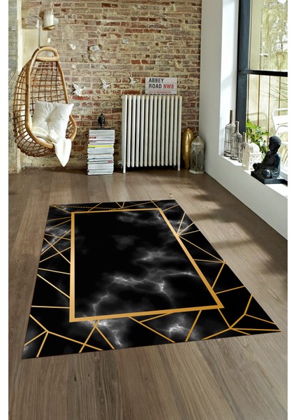 Dijital Baskılı Kaymaz Taban Yıkanabilir Mermer Yolluk Mutfak Salon Halısı, N-Mermer-24-Siyah,