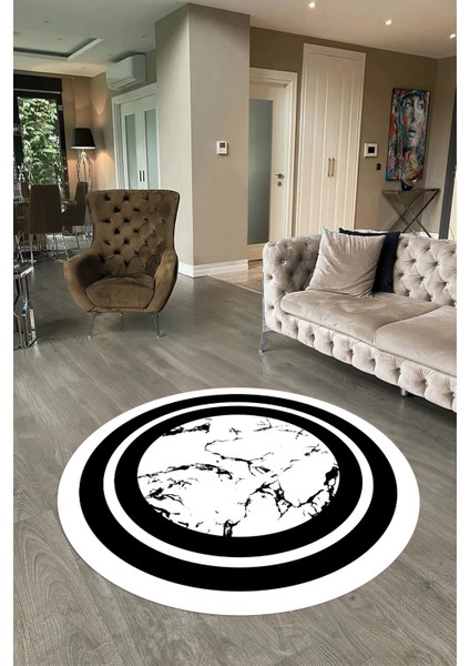 Dijital Baskılı Kaymaz Yıkanabilir Mermer Yuvarlak Mutfak Salon Halısı, N-Y-Mermer-06-Beyaz,