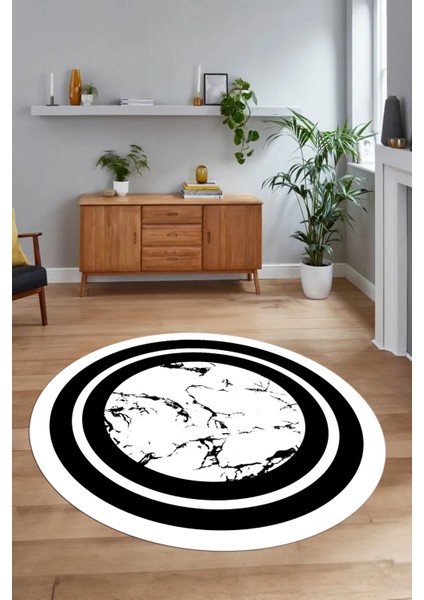 Dijital Baskılı Kaymaz Yıkanabilir Mermer Yuvarlak Mutfak Salon Halısı, N-Y-Mermer-06-Beyaz,
