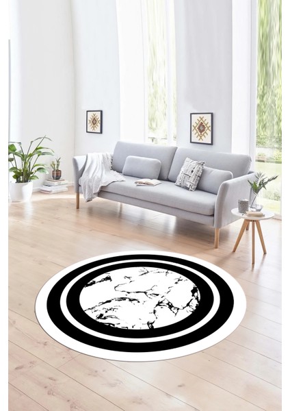 Dijital Baskılı Kaymaz Yıkanabilir Mermer Yuvarlak Mutfak Salon Halısı, N-Y-Mermer-06-Beyaz,