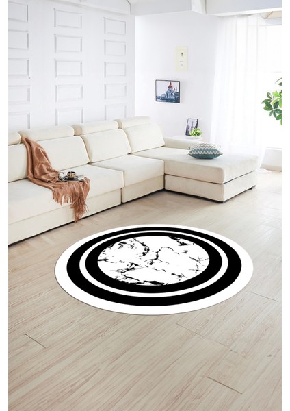 Dijital Baskılı Kaymaz Yıkanabilir Mermer Yuvarlak Mutfak Salon Halısı, N-Y-Mermer-06-Beyaz,