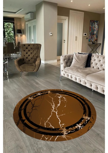 Dijital Baskılı Kaymaz Yıkanabilir Mermer Yuvarlak Mutfak Salon Halısı, N-Y-Mermer-08-Kahve,