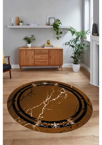 Dijital Baskılı Kaymaz Yıkanabilir Mermer Yuvarlak Mutfak Salon Halısı, N-Y-Mermer-08-Kahve,