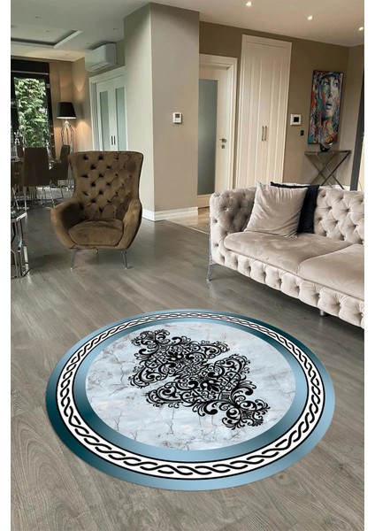 Dijital Baskılı Kaymaz Yıkanabilir Mermer Yuvarlak Mutfak Salon Halısı, N-Y-Mermer-09-Mavi,