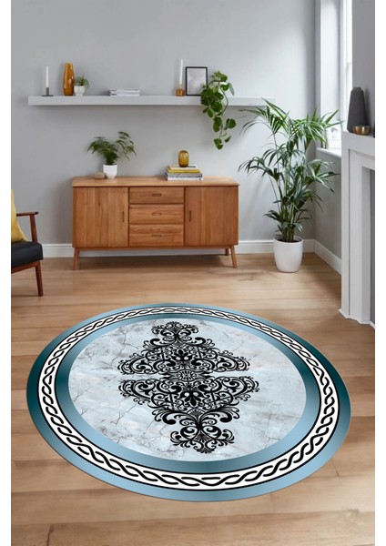 Dijital Baskılı Kaymaz Yıkanabilir Mermer Yuvarlak Mutfak Salon Halısı, N-Y-Mermer-09-Mavi,