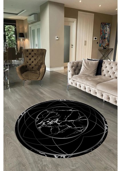 Dijital Baskılı Kaymaz Yıkanabilir Mermer Yuvarlak Mutfak Salon Halısı, N-Y-Mermer-17-Siyah,