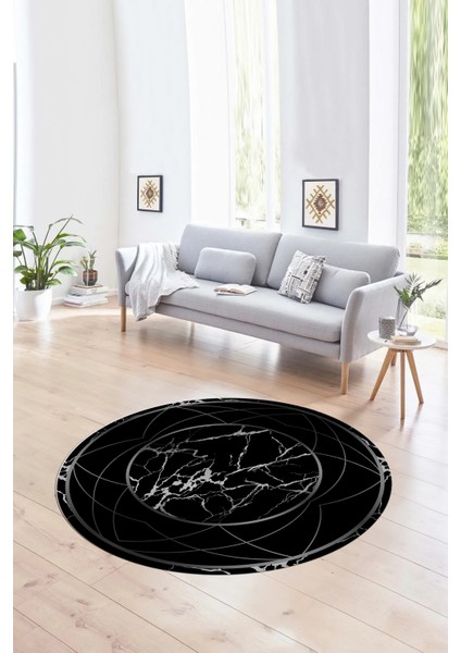 Dijital Baskılı Kaymaz Yıkanabilir Mermer Yuvarlak Mutfak Salon Halısı, N-Y-Mermer-17-Siyah, modelleri