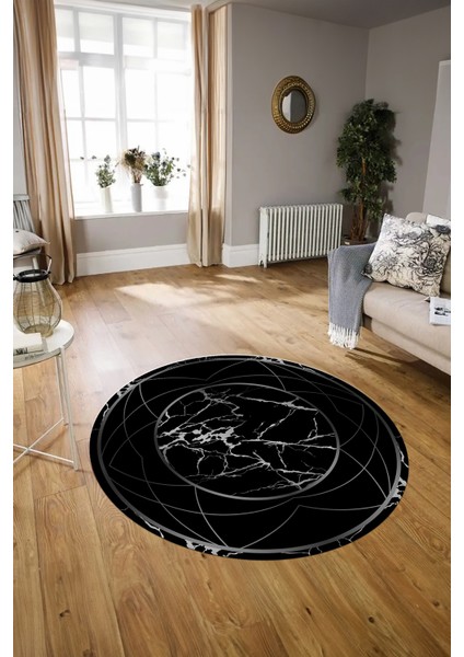 Dijital Baskılı Kaymaz Yıkanabilir Mermer Yuvarlak Mutfak Salon Halısı, N-Y-Mermer-17-Siyah, indirimleri