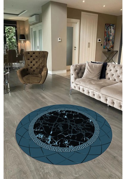 Dijital Baskılı Kaymaz Yıkanabilir Mermer Yuvarlak Mutfak Salon Halısı, N-Y-Mermer-23-Mavi,