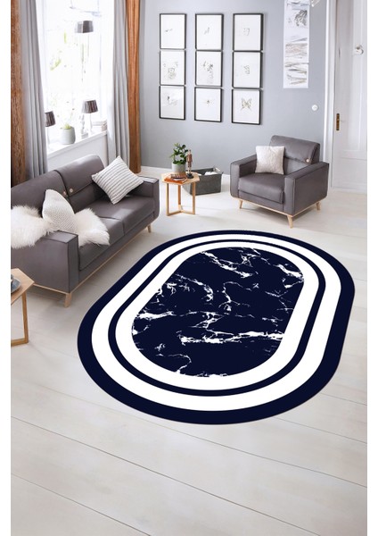 Dijital Baskılı Kaymaz Taban Yıkanabilir Mermer Oval Yolluk Salon Halısı, N-O-Mermer-06-Lacivert, fiyatları