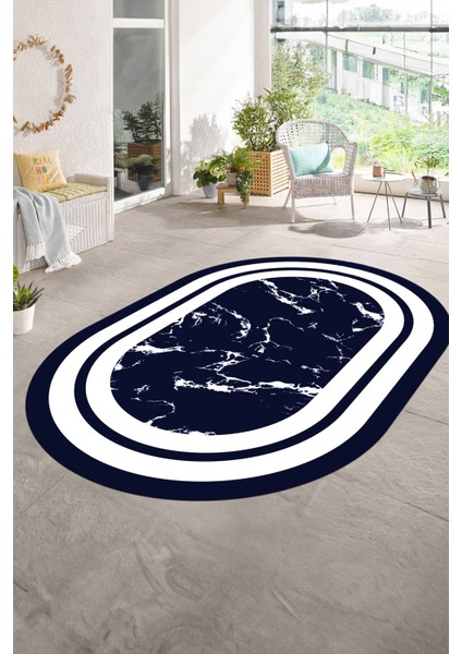 Dijital Baskılı Kaymaz Taban Yıkanabilir Mermer Oval Yolluk Salon Halısı, N-O-Mermer-06-Lacivert, modelleri