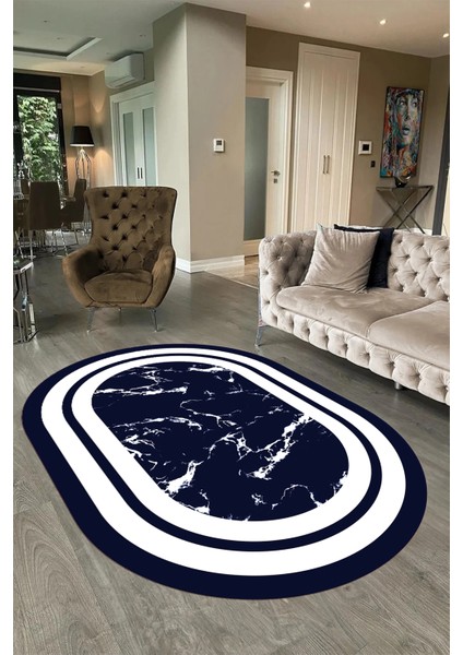 Dijital Baskılı Kaymaz Taban Yıkanabilir Mermer Oval Yolluk Salon Halısı, N-O-Mermer-06-Lacivert, fırsatları