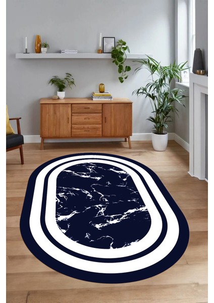 Dijital Baskılı Kaymaz Taban Yıkanabilir Mermer Oval Yolluk Salon Halısı, N-O-Mermer-06-Lacivert, indirimleri