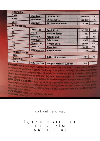 Revitamin Eco Feed Büyük ve Küçükbaş Vitamin Mineral Premiksi Kova-Kraft