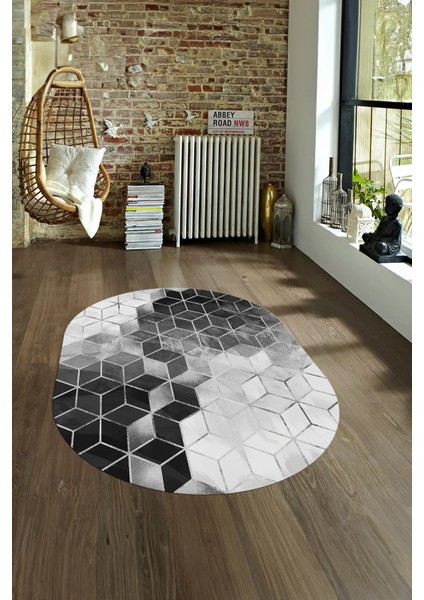 Dijital Baskılı Kaymaz Taban Yıkanabilir Mermer Oval Yolluk Salon Halısı, N-O-Mermer-19-Gri,