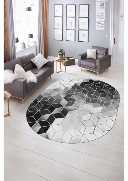 Dijital Baskılı Kaymaz Taban Yıkanabilir Mermer Oval Yolluk Salon Halısı, N-O-Mermer-19-Gri,