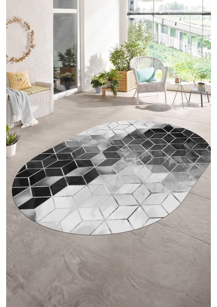 Dijital Baskılı Kaymaz Taban Yıkanabilir Mermer Oval Yolluk Salon Halısı, N-O-Mermer-19-Gri,