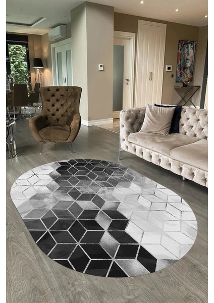 Dijital Baskılı Kaymaz Taban Yıkanabilir Mermer Oval Yolluk Salon Halısı, N-O-Mermer-19-Gri,