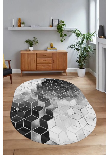 Dijital Baskılı Kaymaz Taban Yıkanabilir Mermer Oval Yolluk Salon Halısı, N-O-Mermer-19-Gri,
