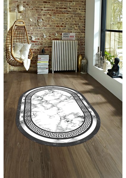 Dijital Baskılı Kaymaz Taban Yıkanabilir Mermer Oval Yolluk Salon Halısı, N-O-Mermer-21-Gri,