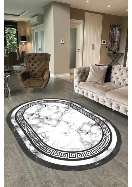 Dijital Baskılı Kaymaz Taban Yıkanabilir Mermer Oval Yolluk Salon Halısı, N-O-Mermer-21-Gri, fırsatları