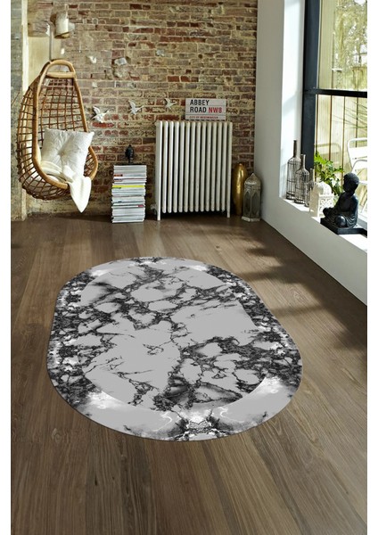 Dijital Baskılı Kaymaz Taban Yıkanabilir Mermer Oval Yolluk Salon Halısı, N-O-Mermer-30-Gri,