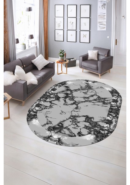 Dijital Baskılı Kaymaz Taban Yıkanabilir Mermer Oval Yolluk Salon Halısı, N-O-Mermer-30-Gri, fiyatları