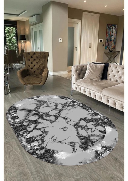 Dijital Baskılı Kaymaz Taban Yıkanabilir Mermer Oval Yolluk Salon Halısı, N-O-Mermer-30-Gri, fırsatları