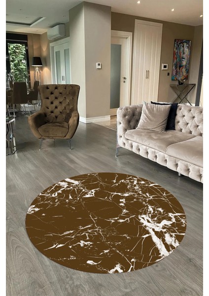 Dijital Baskılı Kaymaz Yıkanabilir Mermer Yuvarlak Mutfak Salon Halısı, N-Y-Mermer-27-Kahve,