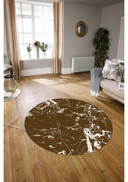 Dijital Baskılı Kaymaz Yıkanabilir Mermer Yuvarlak Mutfak Salon Halısı, N-Y-Mermer-27-Kahve, indirimleri