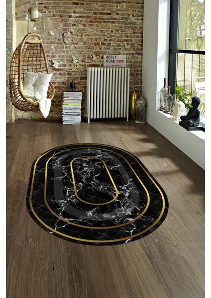 Dijital Baskılı Kaymaz Taban Yıkanabilir Mermer Oval Yolluk Salon Halısı, N-O-Mermer-16-Gold,