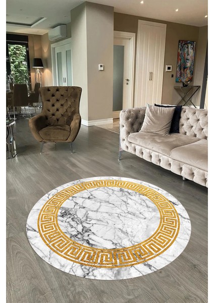 Dijital Baskılı Kaymaz Yıkanabilir Mermer Yuvarlak Mutfak Salon Halısı, N-Y-Mermer-12-Beyaz,