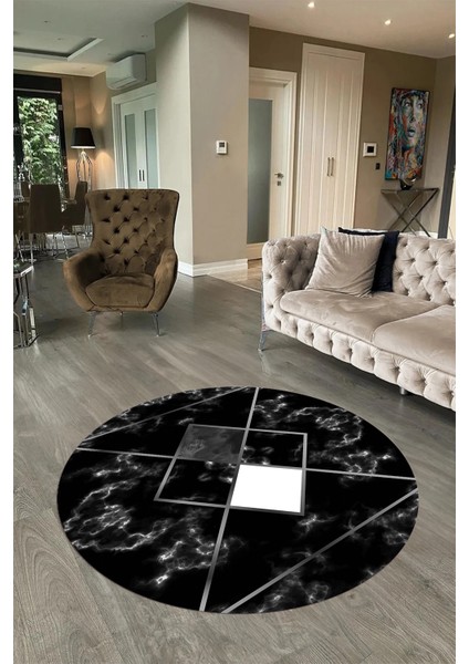 Dijital Baskılı Kaymaz Yıkanabilir Mermer Yuvarlak Mutfak Salon Halısı, N-Y-Mermer-20-Siyah,