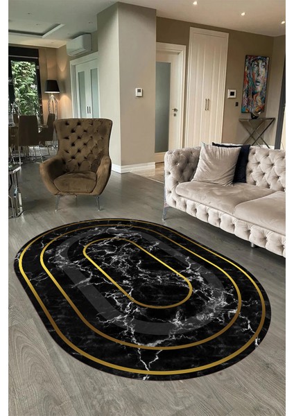 Dijital Baskılı Kaymaz Taban Yıkanabilir Mermer Oval Yolluk Salon Halısı, N-O-Mermer-16-Gold, fırsatları