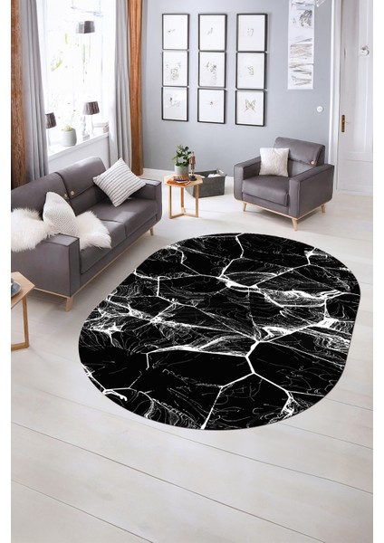 Dijital Baskılı Kaymaz Taban Yıkanabilir Mermer Oval Yolluk Salon Halısı, N-O-Mermer-01-Siyah, fiyatları