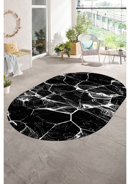 Dijital Baskılı Kaymaz Taban Yıkanabilir Mermer Oval Yolluk Salon Halısı, N-O-Mermer-01-Siyah, modelleri