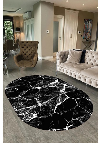 Dijital Baskılı Kaymaz Taban Yıkanabilir Mermer Oval Yolluk Salon Halısı, N-O-Mermer-01-Siyah, fırsatları
