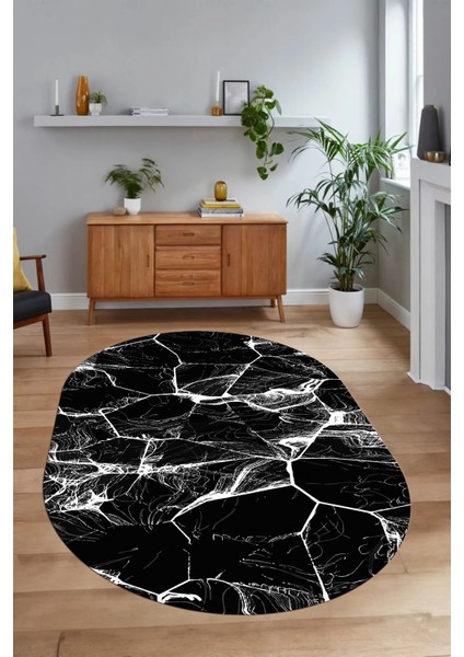 Dijital Baskılı Kaymaz Taban Yıkanabilir Mermer Oval Yolluk Salon Halısı, N-O-Mermer-01-Siyah, indirimleri