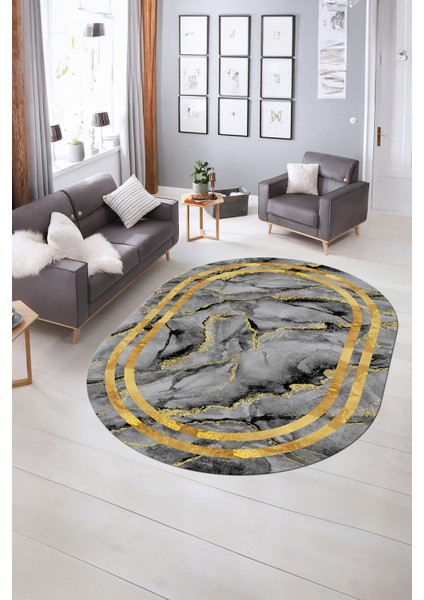 Dijital Baskılı Kaymaz Taban Yıkanabilir Mermer Oval Yolluk Salon Halısı, N-O-Mermer-04-Gold, fiyatları