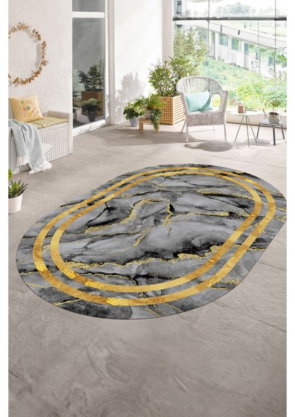Dijital Baskılı Kaymaz Taban Yıkanabilir Mermer Oval Yolluk Salon Halısı, N-O-Mermer-04-Gold, modelleri
