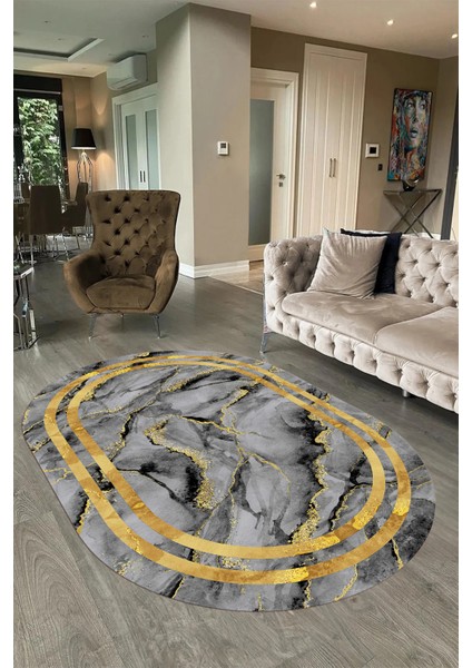 Dijital Baskılı Kaymaz Taban Yıkanabilir Mermer Oval Yolluk Salon Halısı, N-O-Mermer-04-Gold, fırsatları