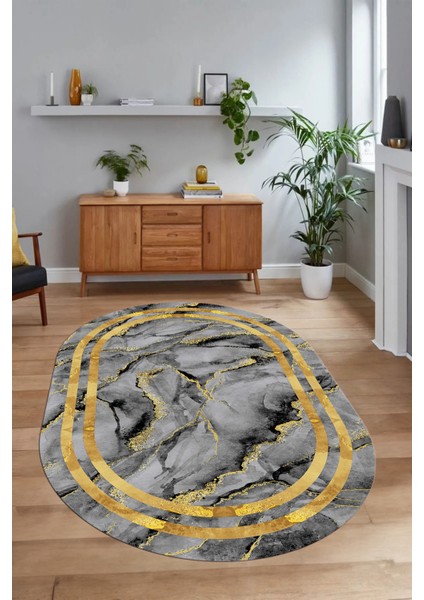 Dijital Baskılı Kaymaz Taban Yıkanabilir Mermer Oval Yolluk Salon Halısı, N-O-Mermer-04-Gold, indirimleri
